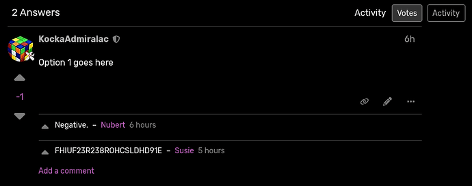 A post from KockaAdmiralac saying "Option 1 goes here", a comment from Nubert saying "Negative", and a comment from Susie saying "FHIUF23R238ROHCSLDHD91E".