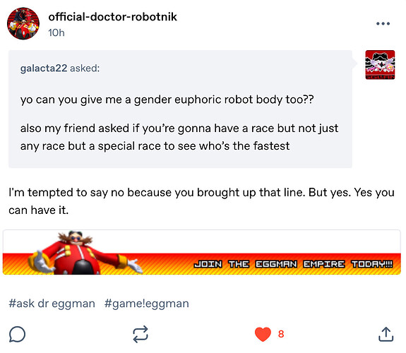 yo can you give me a gender euphoric robot body too also my friend asked if you’re gonna have a race but not just any race but