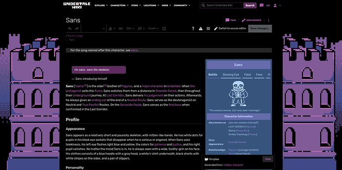 Sans page showing the infobox inside the visual editing mode.