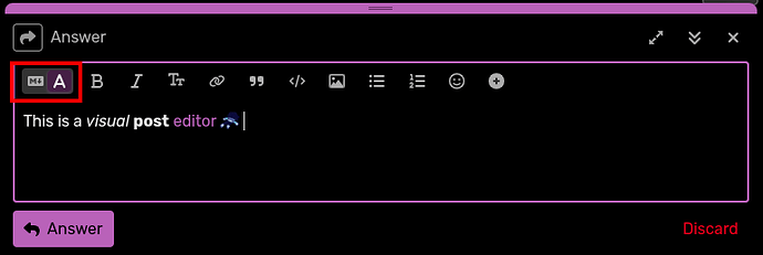 Post composer saying "This is a visual post editor :krisplat:", with a button in the upper right corner allowing a switch between the Markdown post editor and the rich text editor.