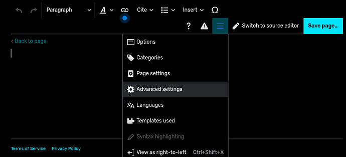 "Advanced settings" option under a dropdown in the visual editor.