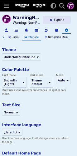 Settings page in the default theme