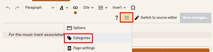 Categories option in the visual editor, on Pink's page as an example.