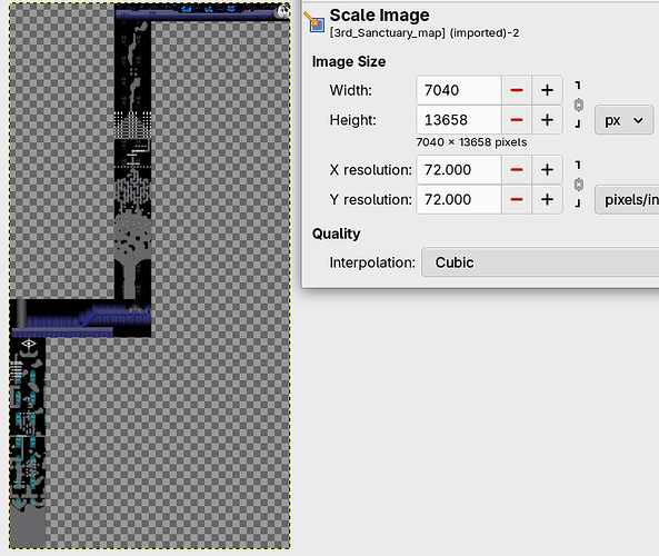 GIMP screenshot showing the image's dimensions being 7040x13658 pixels