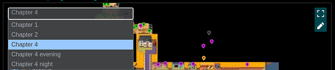 Background image picker on the Hometown map, showing backgrounds for Chapter 1, Chapter 2, Chapter 4, Chapter 4 evening, and Chapter 4 night.