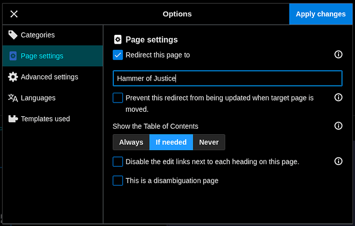 "Page settings" section of the options menu in the visual editor, showing a "Redirect this page to" checkbox and an input box for inputting a page to redirect to.