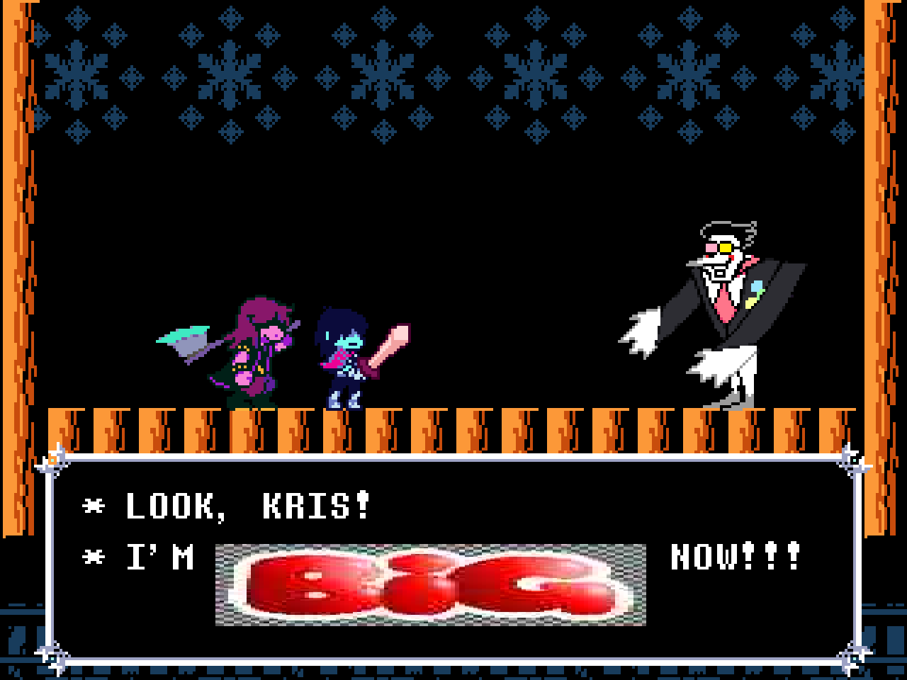 Susie and Kris about to fight a Spamton-Swatchling frankenstein in a Super Mario Bros. 3 airship