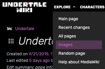 Undertale Wiki "EXPLORE" menu with "Images" highlighted.