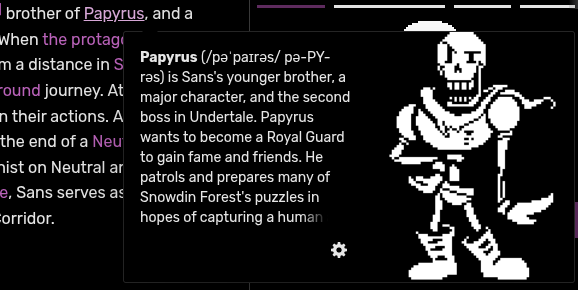 Hovering over the link to the Papyrus page, which shows a snippet from the Papyrus page and an image of Papyrus to the right.