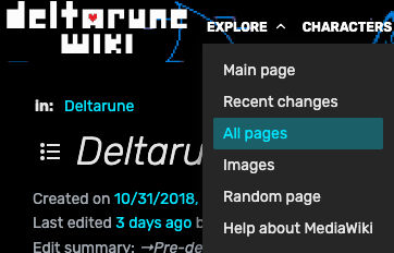 Deltarune Wiki "EXPLORE" menu with "All pages" highlighted.