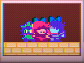 Ralsei, Susie, and Kris standing side by side in the basement you fight Shuttah in. Susie and Kris both have bowties.