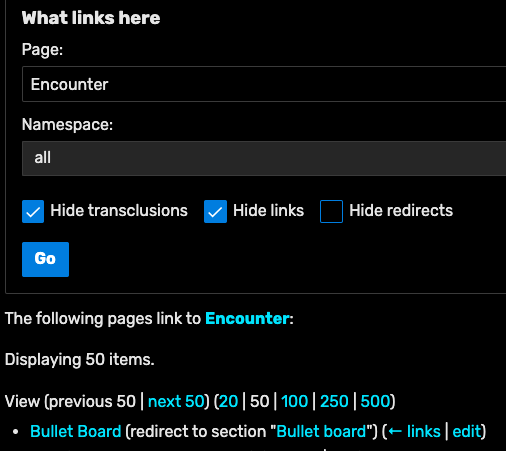"What links here" with listings for the "Encounter" article, with "Hide transclusions" and "Hide links" checked, and "Bullet Board" being the first redirect.