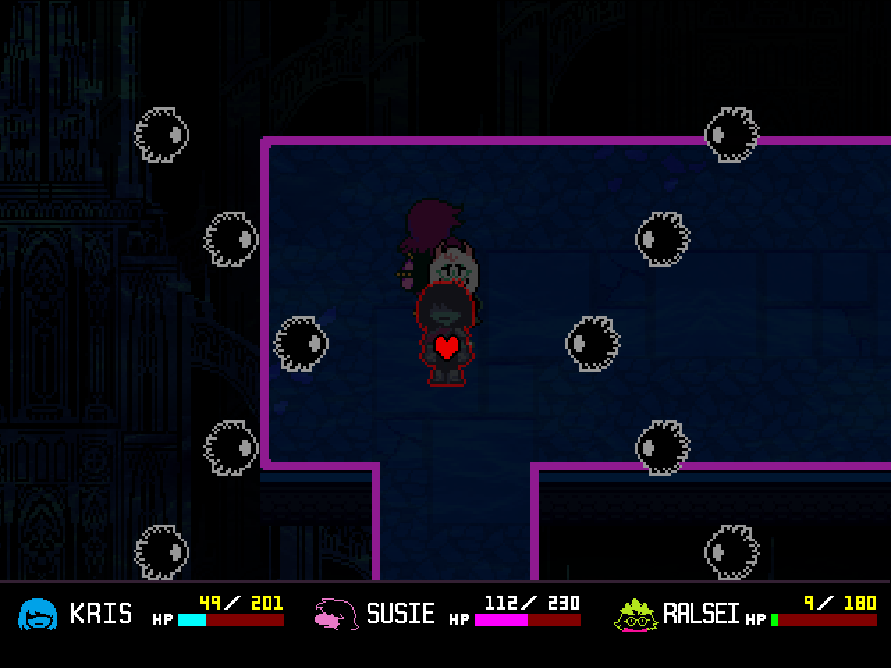 Round black and white projectile enemies, as they appear in the Third Sanctuary