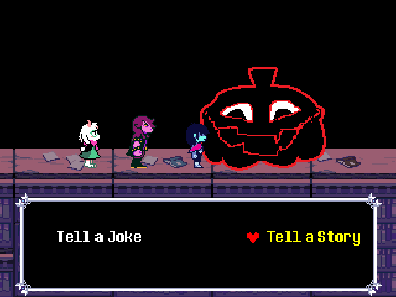 Post-battle scene where the player can choose between telling a joke or a story to the pumpkin