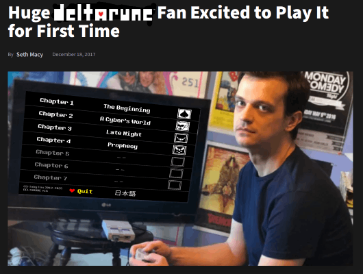the 'huge earthbound fan excited to play it for the first time' meme, edited to say 'huge deltarune fan excited to play it for the first time' instead