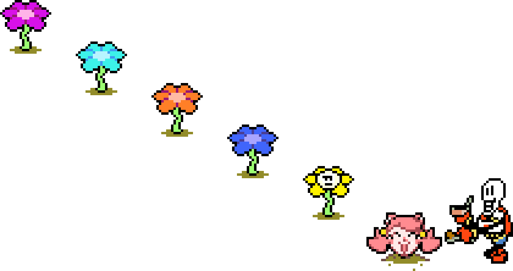 Papyrus feeding cat food to Mew Mew, who is planted in the ground next to the flowers and Flowey. Flowey looks annoyed